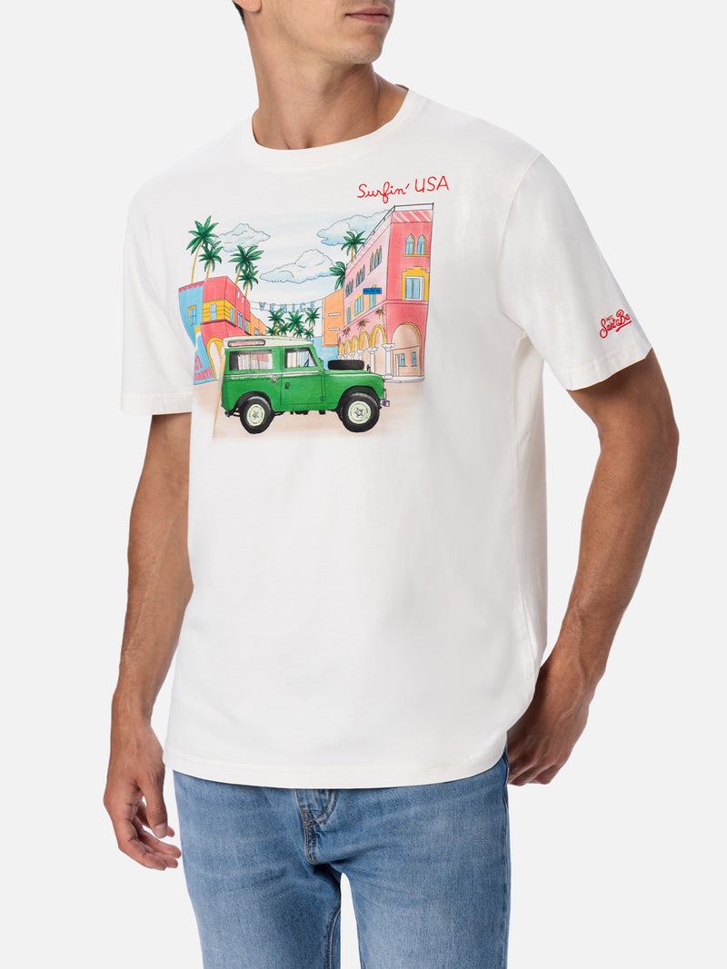 Man cotton t-shirt with placed print and Surfin'USA embroidery