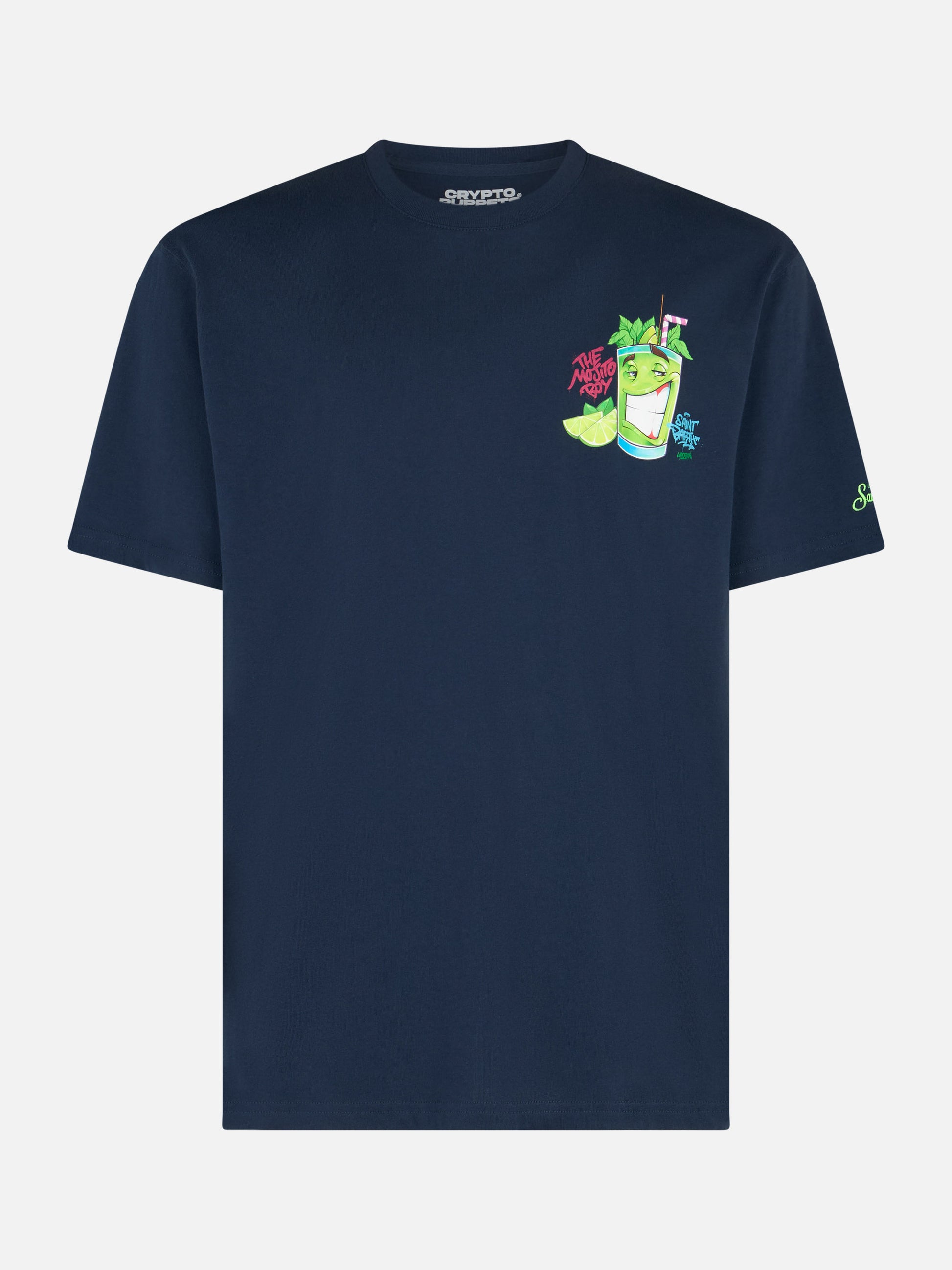 Man cotton t-shirt with Cryptopuppets Mojito front and back placed