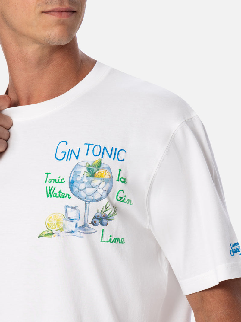 Man cotton t-shirt with gin tonic print and embroidery