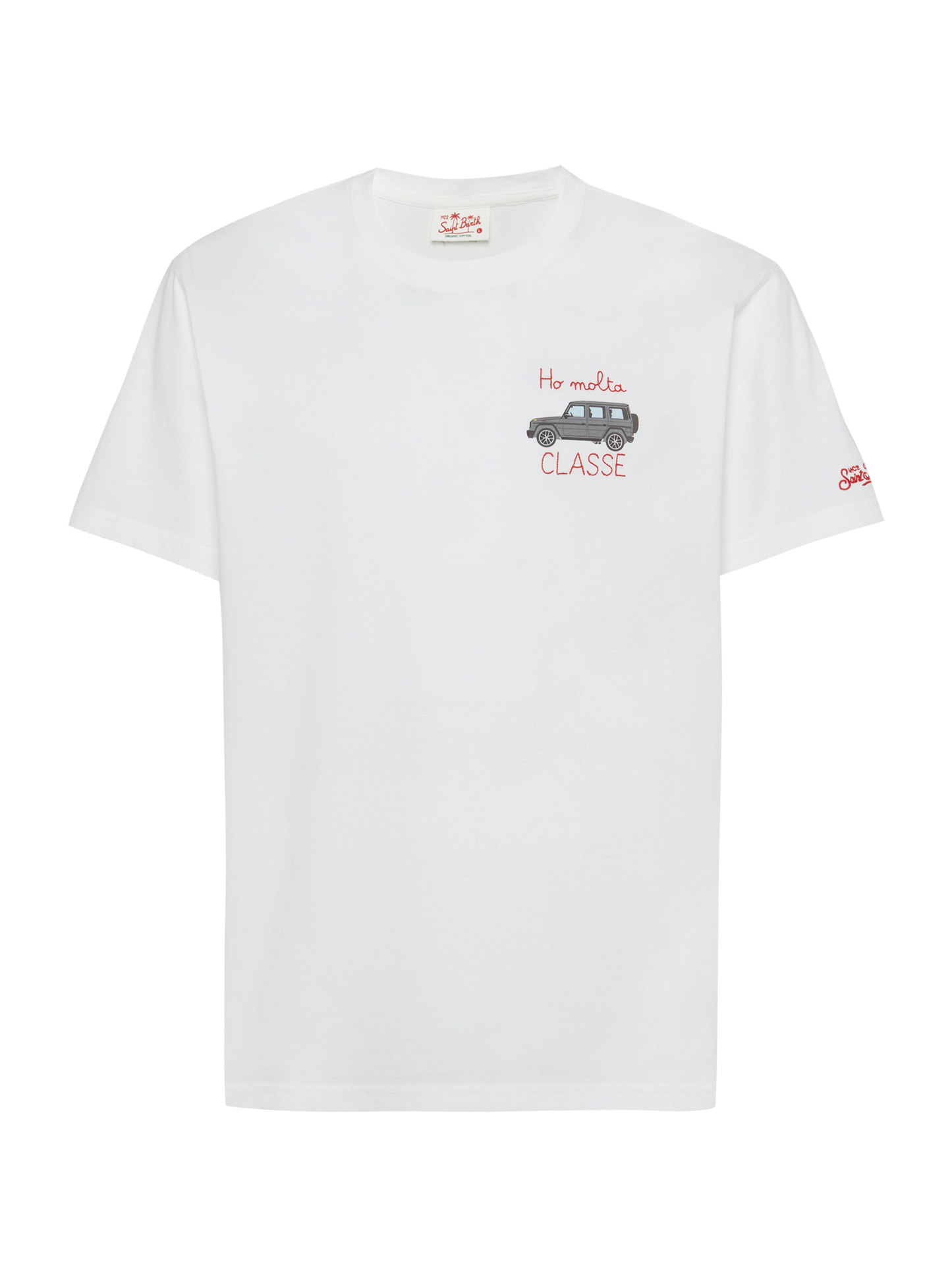 T-shirt Man in cotone con ricamo "Ho molta classe" e stampa auto