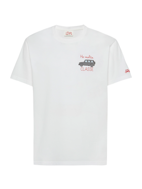 T-shirt Man in cotone con ricamo "Ho molta classe" e stampa auto