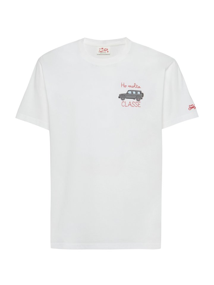 Cotton T-shirt with Ho molta classe embroidery and car print