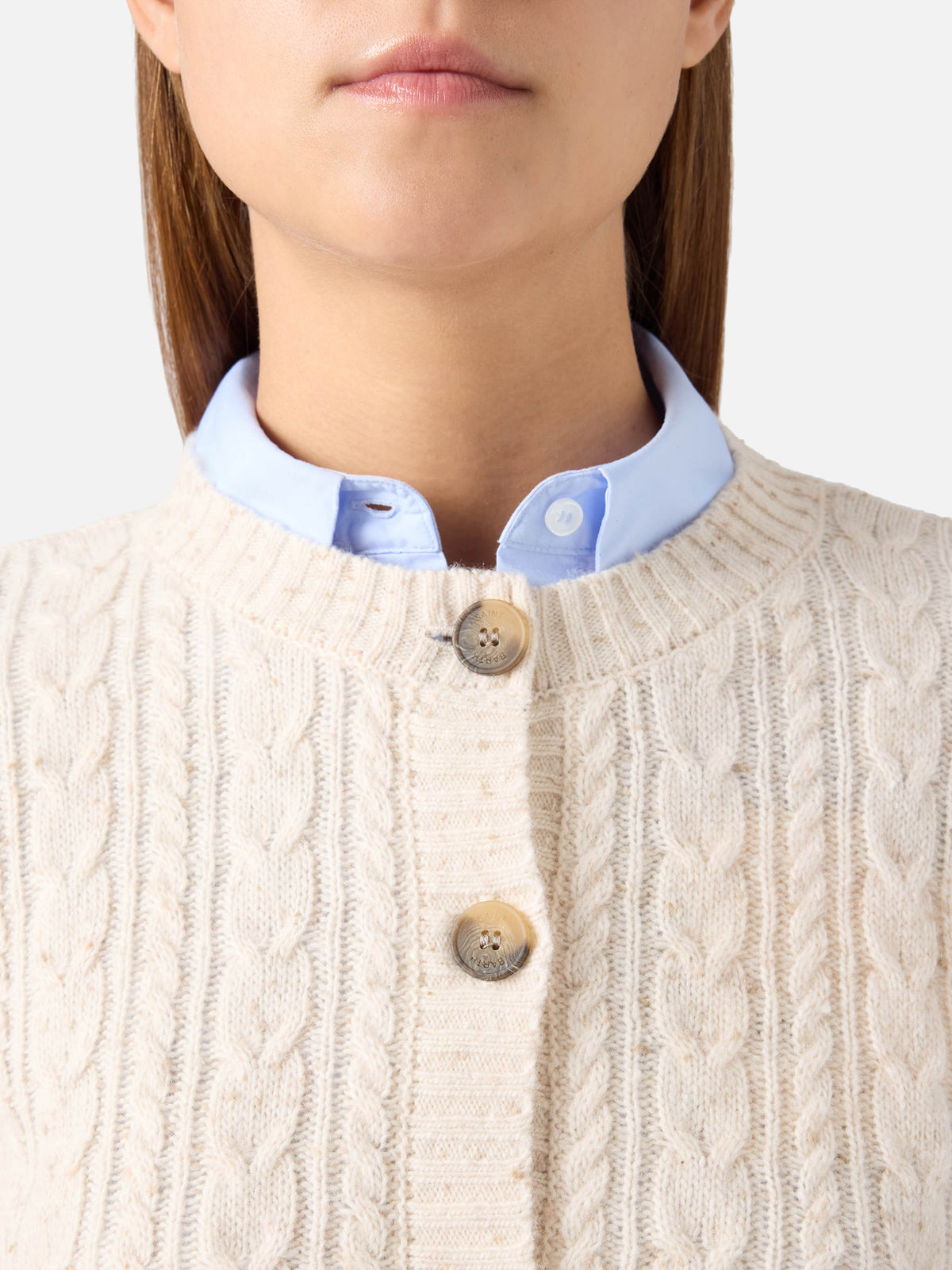 Cardigan Ursule grano in misto lana Donegal con punto trecce