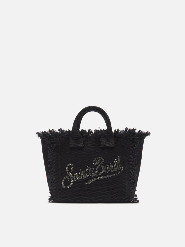 Borsa Vanity mini in canvas nera con logo in strass