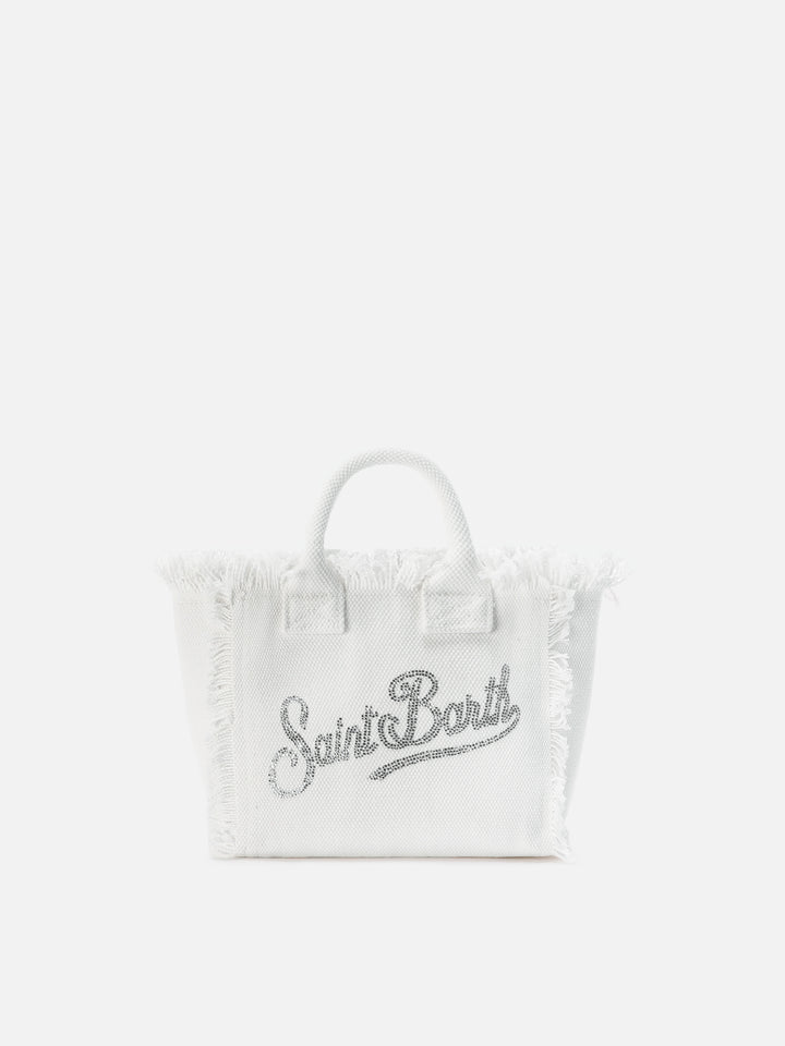 White canvas Vanity mini bag with rhinestone logo