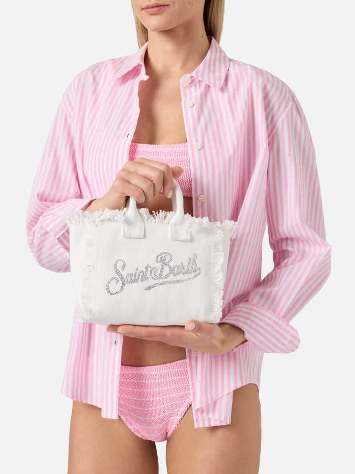 White canvas Vanity mini bag with rhinestone logo