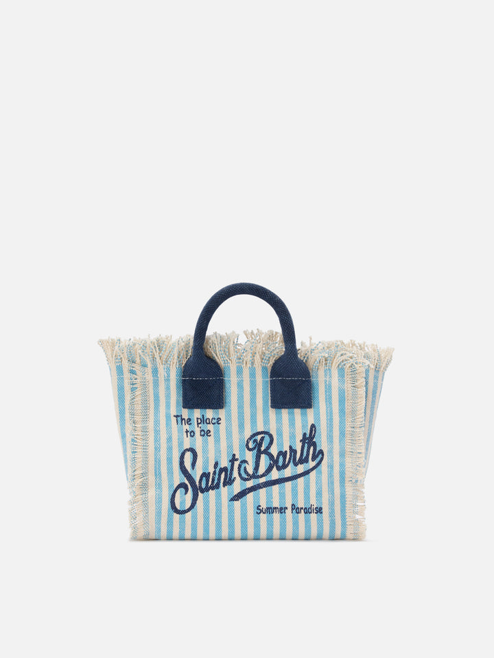 Borsa Vanity mini in canvas a righe azzurre con dettagli blu