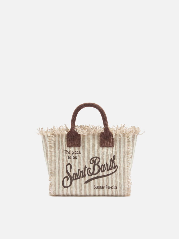 Borsa Vanity mini in canvas a righe marroni con dettagli a contrasto
