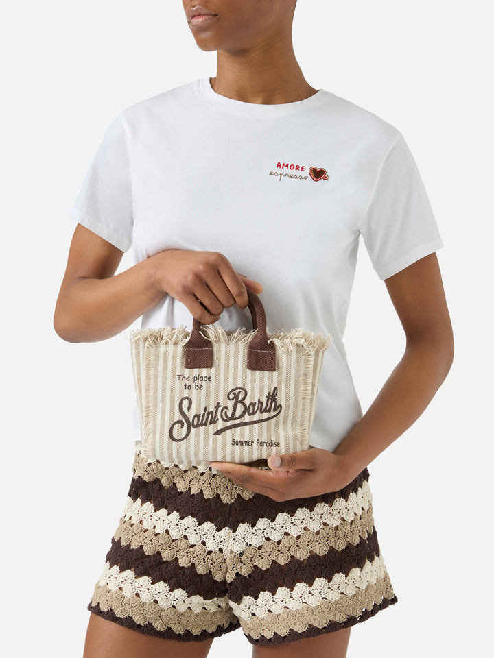 Borsa Vanity mini in canvas a righe marroni con dettagli a contrasto