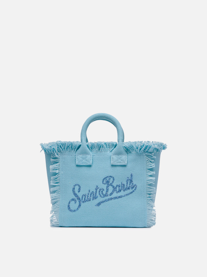 Borsa Vanity mini in canvas azzurro con logo in strass