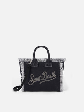 Black cotton canvas Mini Vanity bag with rhinestone logo - MC2 Saint Barth
