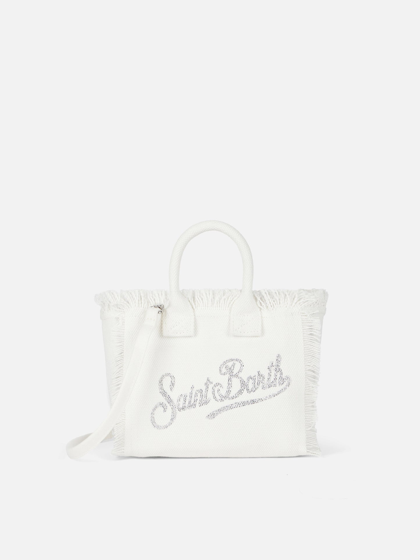 Weiße Vanity Mini-Handtasche aus Baumwollcanvas mit Strasssteinen