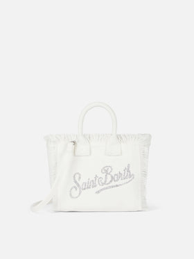 Weiße Vanity Mini-Handtasche aus Baumwollcanvas mit Strasssteinen
