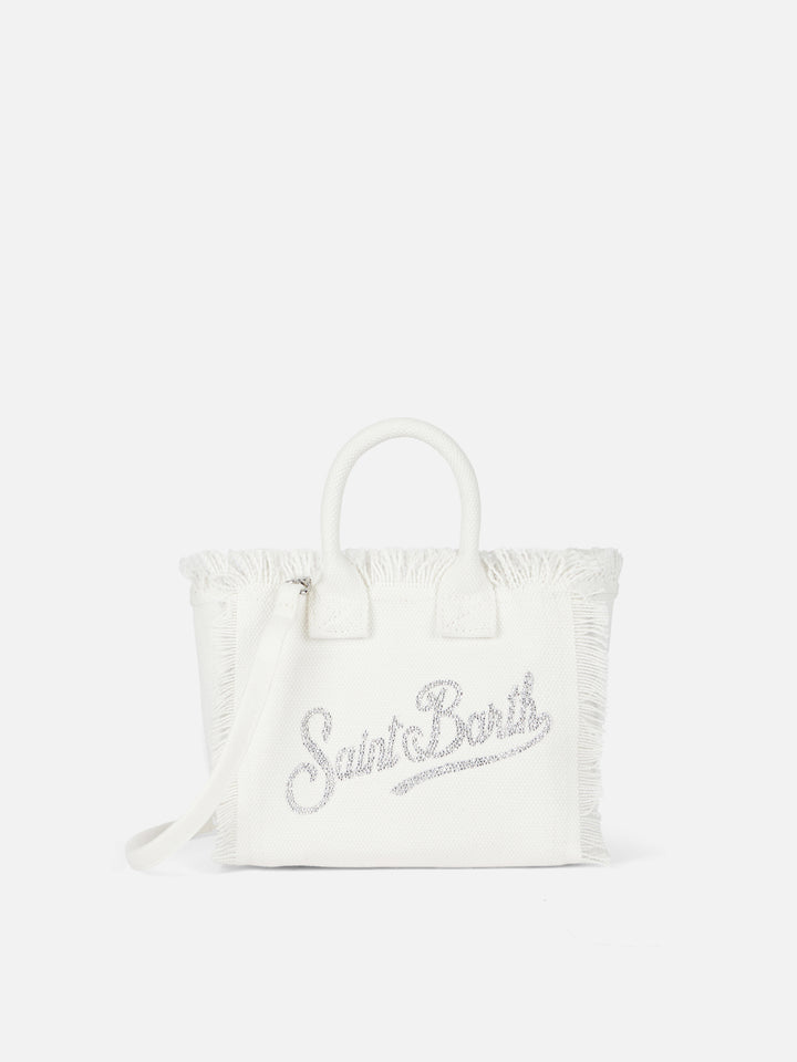 Mini borsa Vanity in canvas di cotone bianco con strass