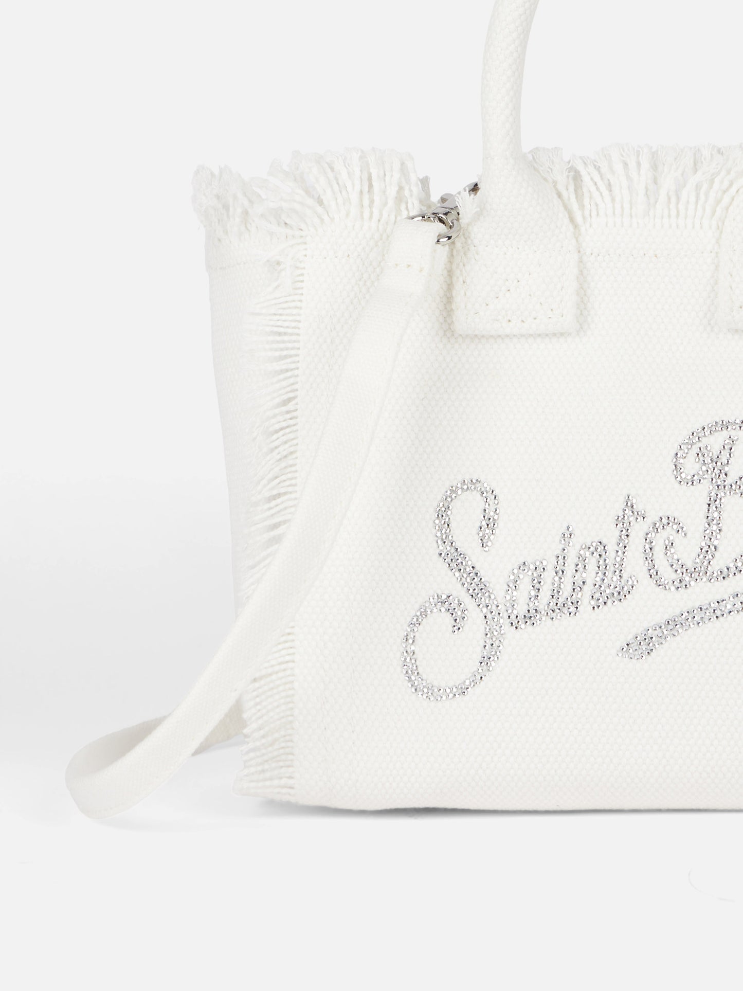 Weiße Vanity Mini-Handtasche aus Baumwollcanvas mit Strasssteinen
