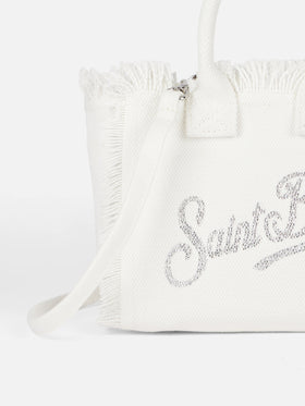 Weiße Vanity Mini-Handtasche aus Baumwollcanvas mit Strasssteinen