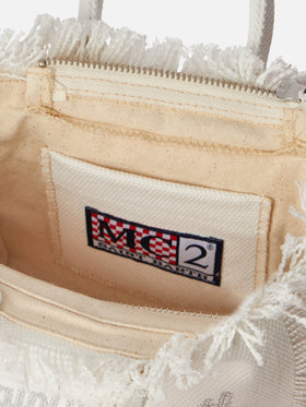 Weiße Vanity Mini-Handtasche aus Baumwollcanvas mit Strasssteinen