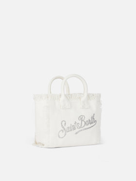 Weiße Vanity Mini-Handtasche aus Baumwollcanvas mit Strasssteinen