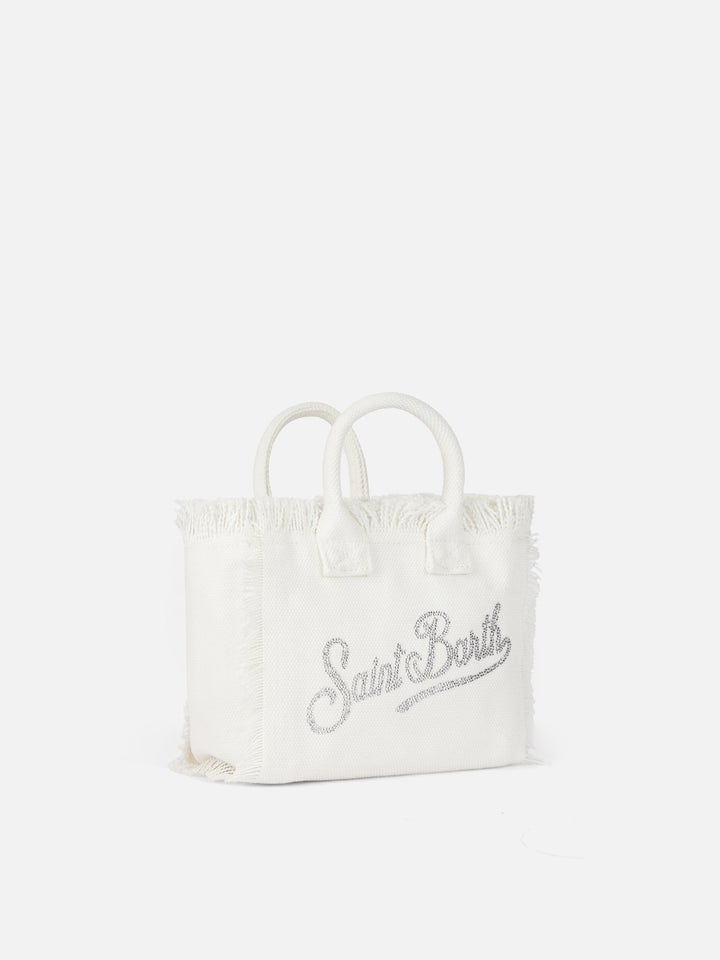 Mini borsa Vanity in canvas di cotone bianco con strass