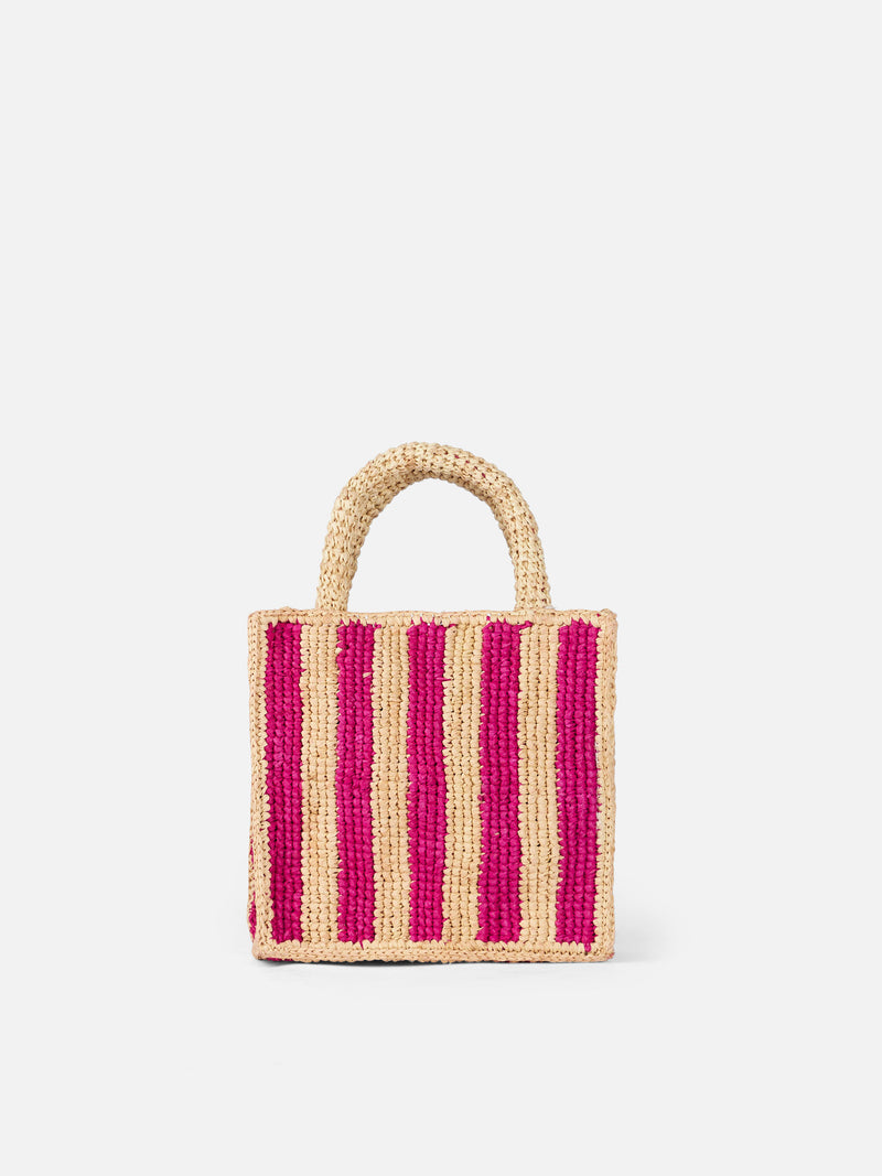 Borsa Mini Vanity Raffia a righe fucsia con ricami