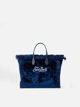 Borsa a mano Mini Vanity in velluto blu navy con pois argentati