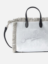 Borsa a mano Mini Vanity in velluto grigio con logo Saint Barth in strass