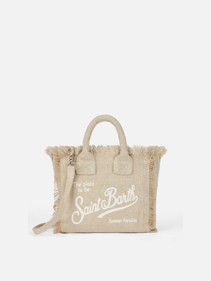 Beige solid color linen Vanity mini bag with removable strap