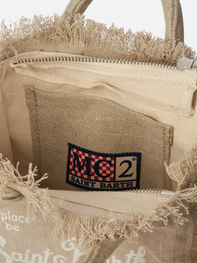 Beige solid color linen Vanity mini bag with removable strap