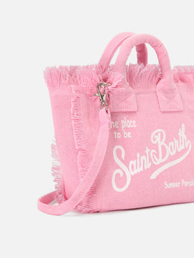 Pink solid color linen Vanity mini bag with removable strap