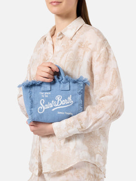 Borsa Vanity mini in lino blu tinta unita con tracolla removibile