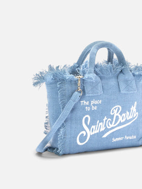 Borsa Vanity mini in lino blu tinta unita con tracolla removibile