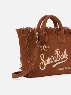 Borsa Vanity mini in lino marrone tinta unita con tracolla removibile