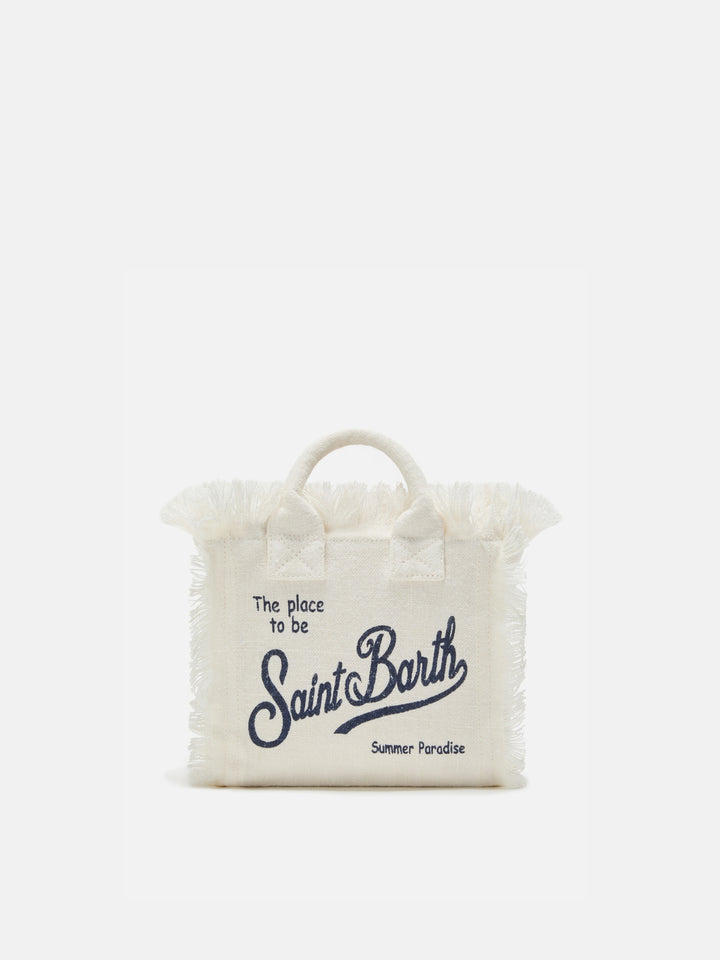 Borsa Vanity mini in lino bianca tinta unita con tracolla removibile