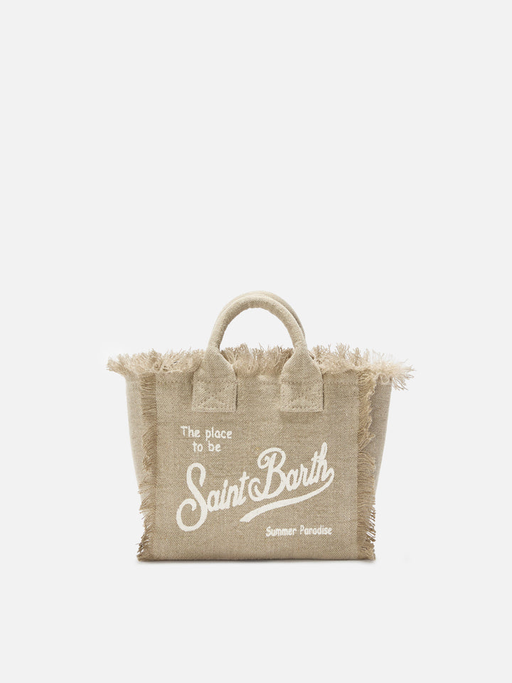 Beige solid color linen Vanity mini bag with removable strap