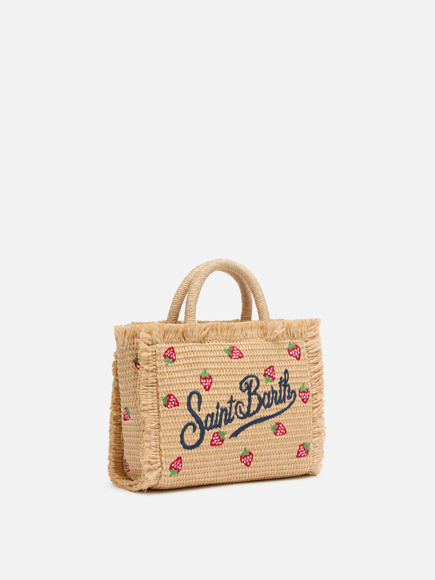 Borsa Mini Vanity effetto paglia con patch fragole applicato