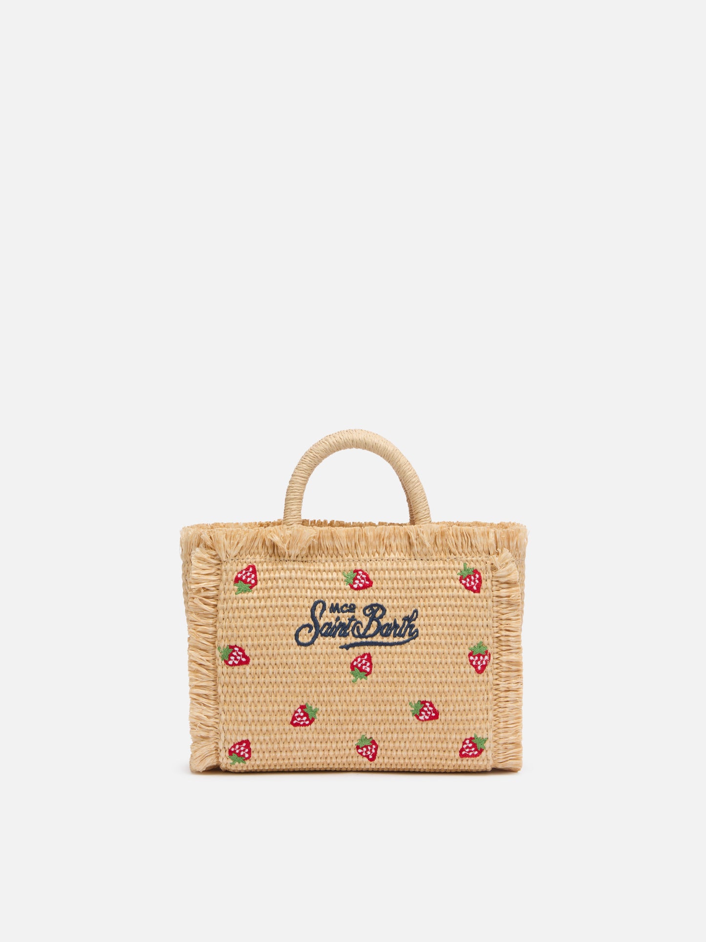 Borsa Mini Vanity effetto paglia con patch fragole applicato