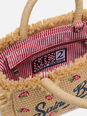 Borsa Mini Vanity effetto paglia con patch fragole applicato