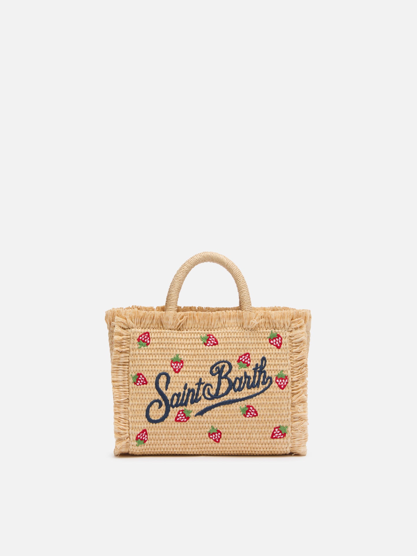 Borsa Mini Vanity effetto paglia con patch fragole applicato