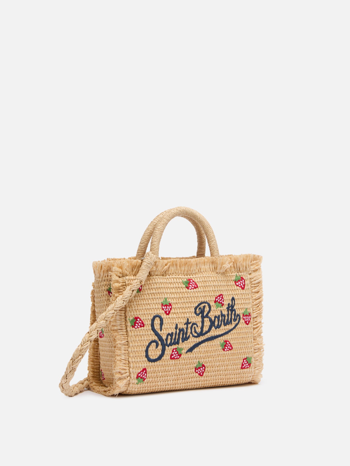 Borsa Mini Vanity effetto paglia con patch fragole applicato