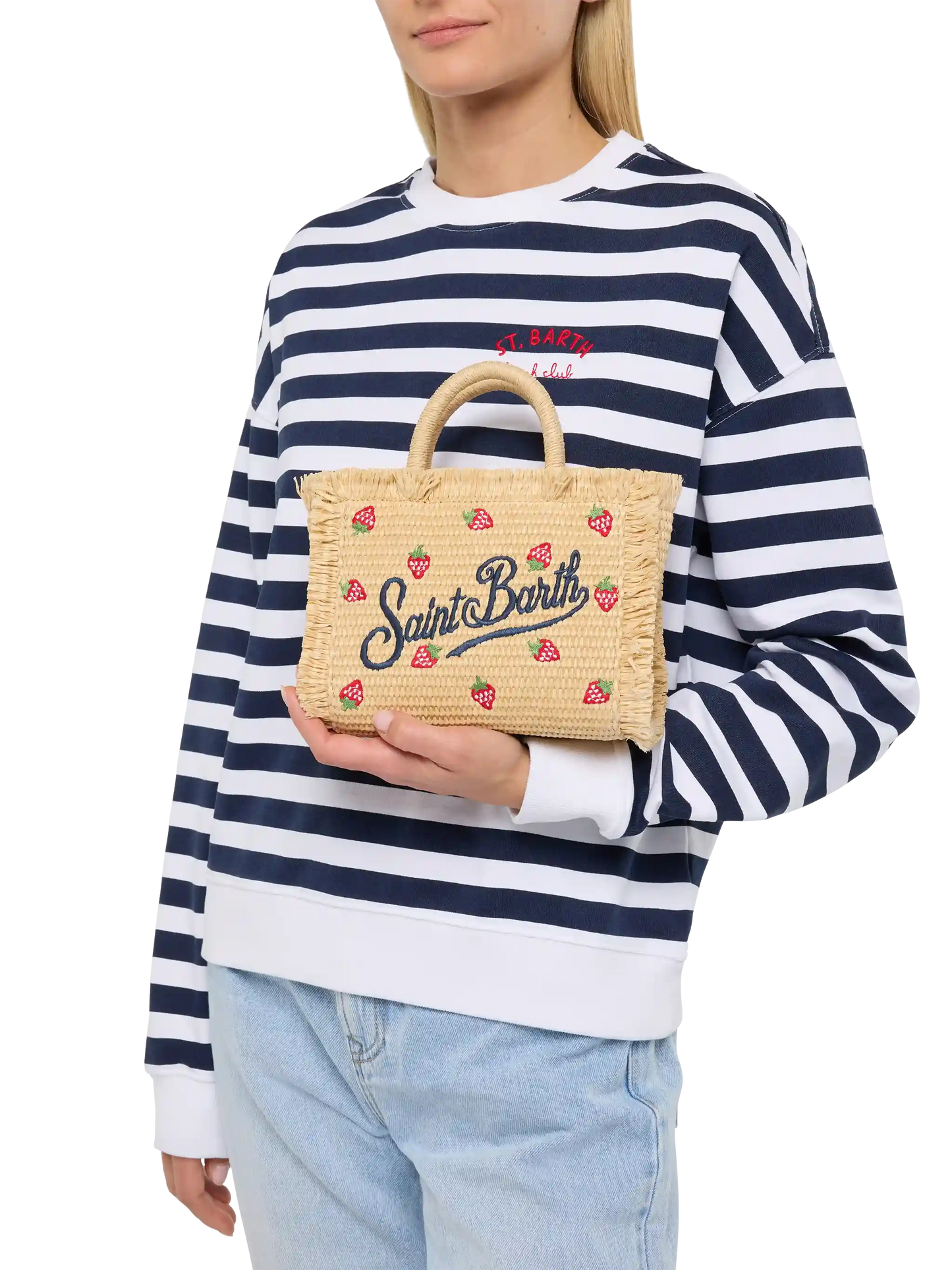 Borsa Mini Vanity effetto paglia con patch fragole applicato