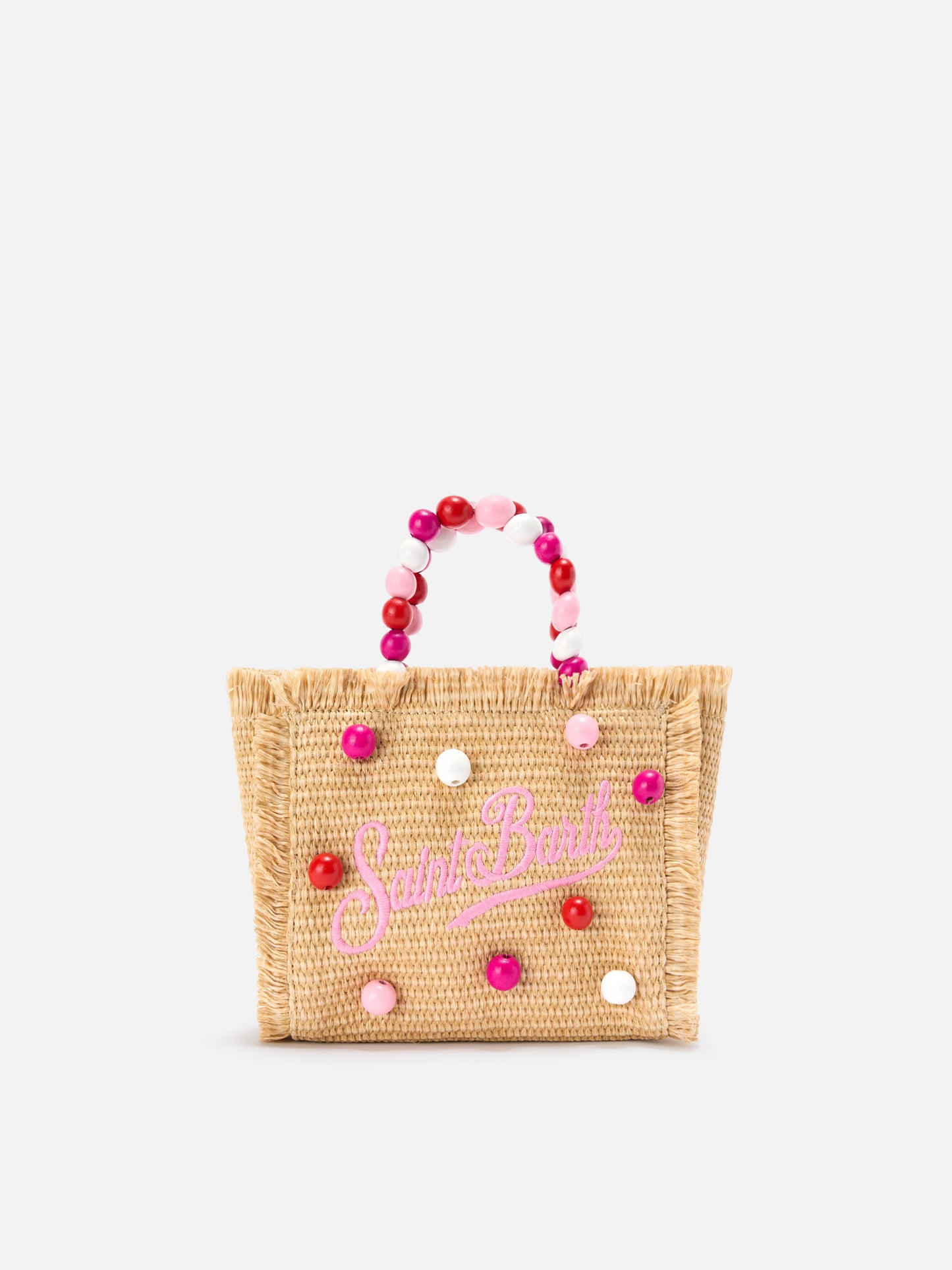Vanity mini straw effect bag with beaded handle