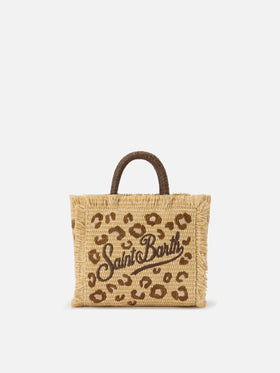 Vanity mini straw effect bag with leopard embroidery
