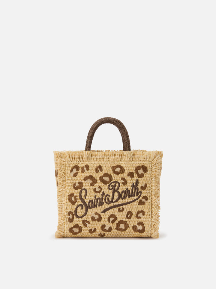 Borsa Vanity mini in tessuto effetto paglia con ricamo leopardato