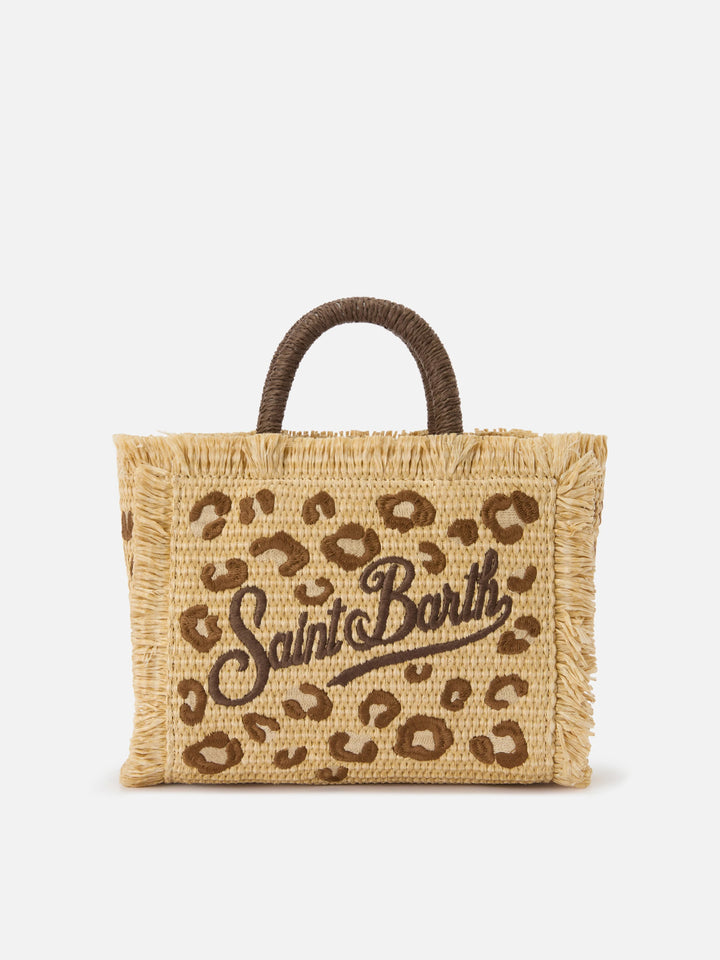 Colette straw effect bag with leopard embroidery