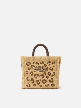 Vanity mini straw effect bag with leopard embroidery