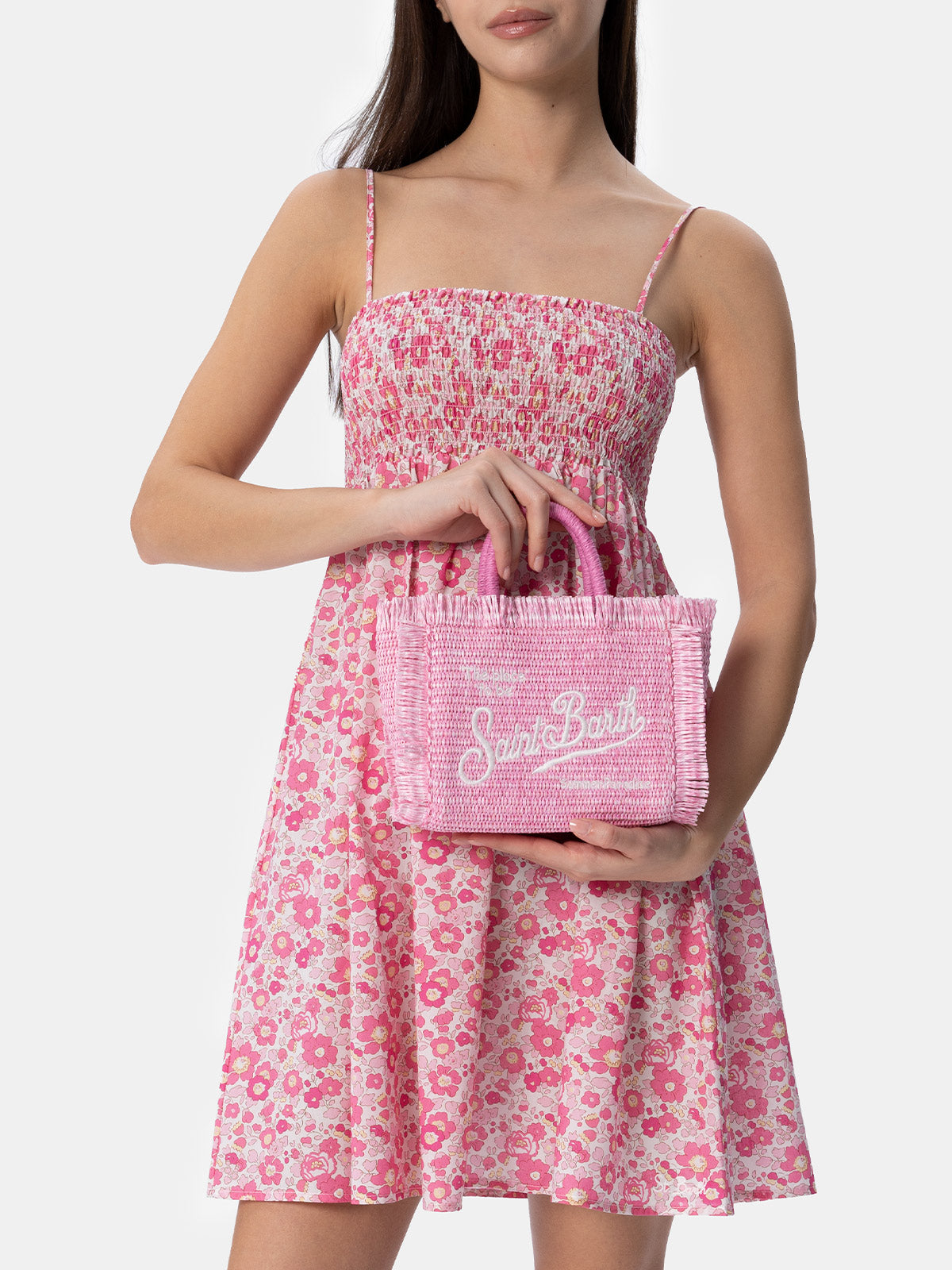 Borsa Mini Vanity in paglia rosa
