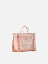 Mini Vanity fringed bag with rose gold rhinestones