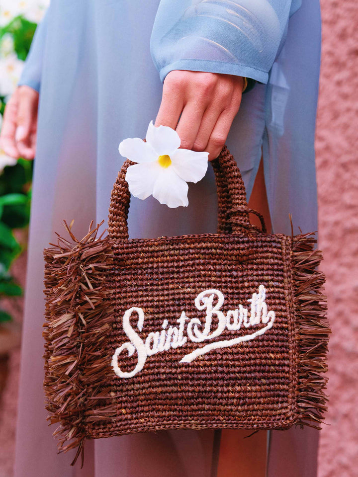 Mini Vanity Raffia Fringes bag with Saint Barth embroidery