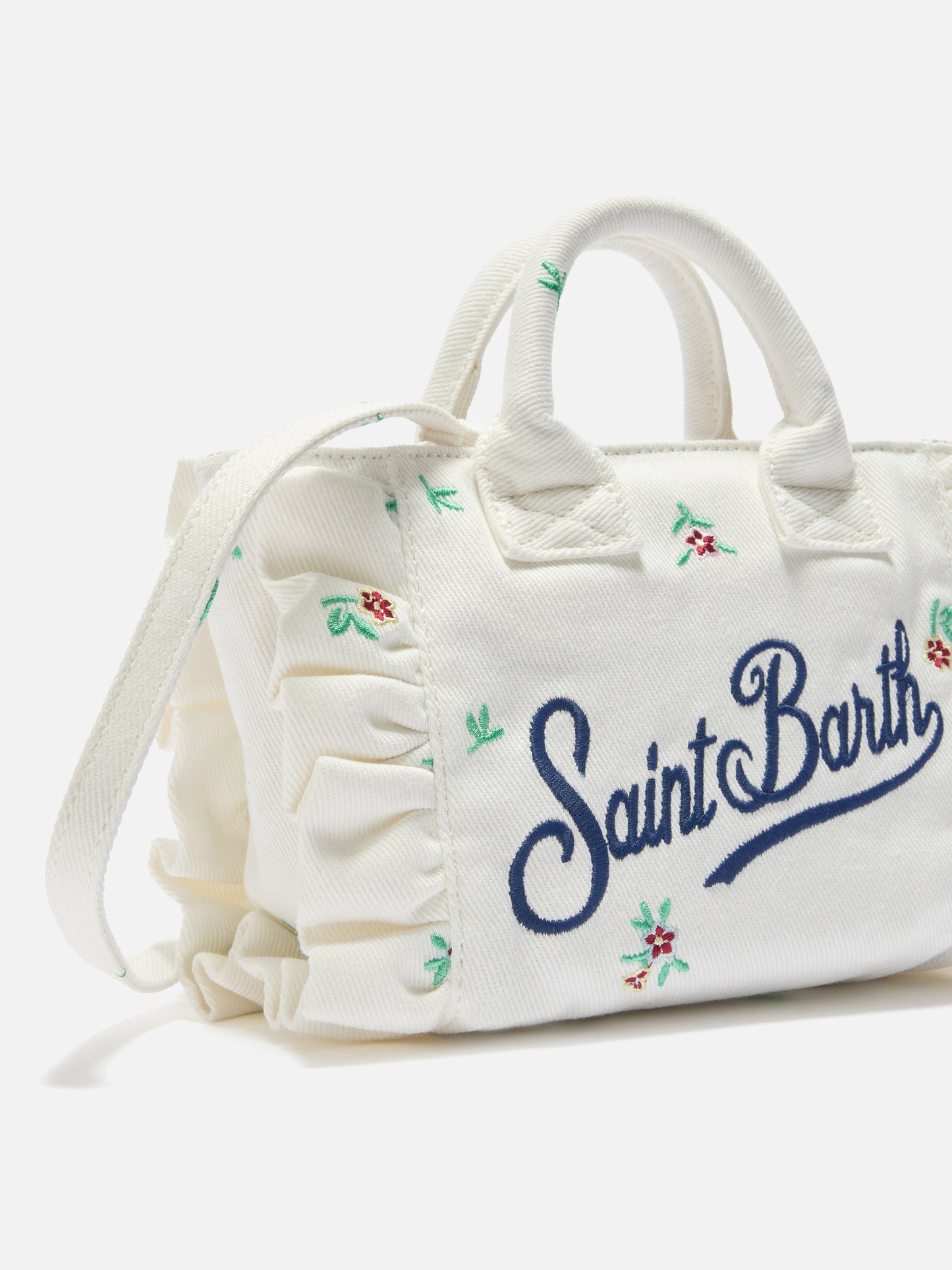 White denim Vanity mini volant bag with embroidered flowers