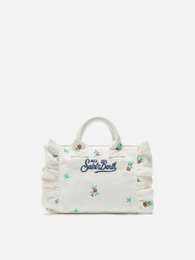 White denim Vanity mini volant bag with embroidered flowers